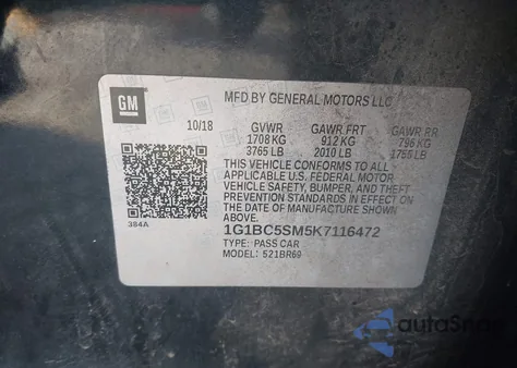 2019 Chevrolet Cruze Ls из США, поврежденный, VIN 1G1BC5SM5K7116472